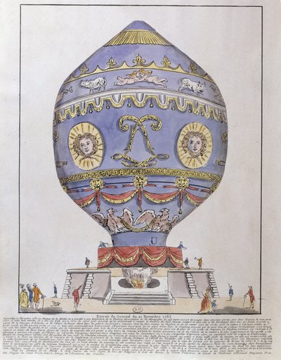 21 नवंबर, 1783 को चेटो डी ला मुएट में मोंटगॉल्फियर ब्रदर्स बैलून प्रयोग द्वारा फ्रेंच स्कूल