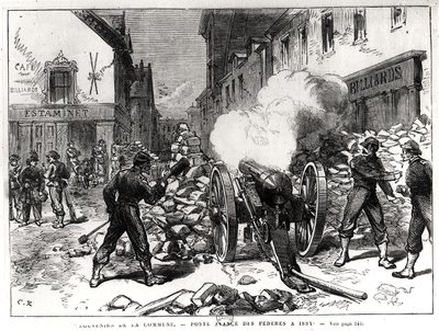 पेरिस कम्यून: एक बैरीकेड इस्से, 2 मई 1871 (उत्कीर्णन) (bw फोटो) द्वारा फ्रेंच स्कूल