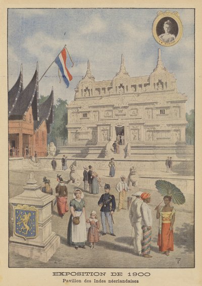 पेरिस में १९०० के प्रदर्शनी यूनिवर्सल में डच ईस्ट इंडीज का मंडप (रंग लिथो) द्वारा फ्रेंच स्कूल