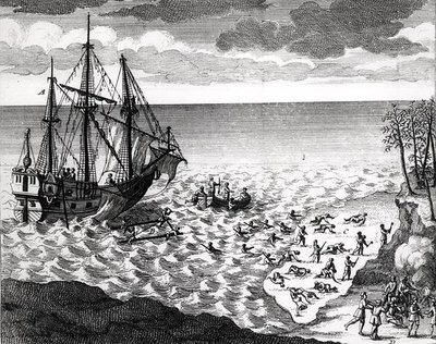 1753 में प्रकाशित बेकेविले डी ला पार्थी (1663-1736) द्वारा हिस्टोइरे डी लमेरिक सेपेंट्रियोनेल से तट के पास पेलिकन डूब द्वारा फ्रेंच स्कूल