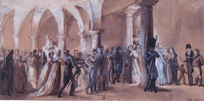 द पेरिस्टाइल एट द थिएटर फ़्रैंकैस, c.1822 (कलर लिथो) द्वारा फ्रेंच स्कूल
