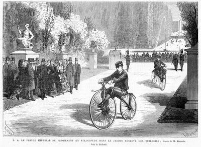 प्रिंस इम्पीरियल, अपने माता-पिता, सम्राट और महारानी द्वारा देखा जाता है, 1869 में पेरिस के Tuileries Gardens में एक Michaux velocipede पर साइकिल चलाने में अपना कौशल दिखाता है। द्वारा फ्रेंच स्कूल