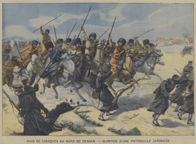 रूस-जापानी युद्ध: कोसैक्स ने जेनसन, कोरिया (रंग लिथो) के उत्तर में एक छापेमारी में एक जापानी गश्ती दल को आश्चर्यचकित कर दिया। द्वारा फ्रेंच स्कूल