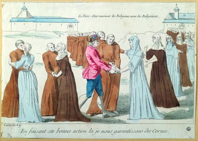 द थर्ड एस्टेट मैरिंज मॉन्क्स टू नन्स, c.1792 द्वारा फ्रेंच स्कूल