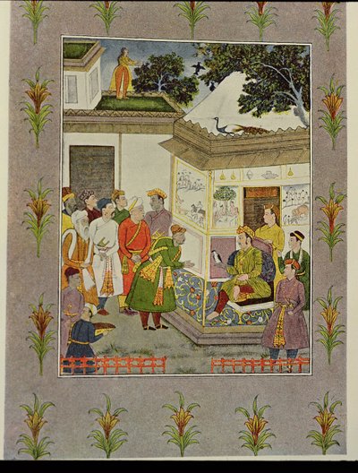 राजा के सामने झुकते हुए यात्री, 'द स्टोरी ऑफ़ द ब्रॉन्ज़ सिटी' के लिए चित्रण, 'द अरेबियन नाइट्स' से द्वारा फ्रेंच स्कूल