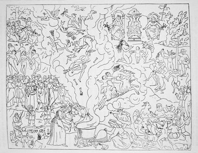 चुड़ैलों सब्बाथ, पियरे डी लैंक्रे, पेरिस 1612, द्वारा पगले डे लिनकोन्स्टेंस डेस मौविस एग्स के एक चित्रण की नकल, 19 वीं सदी के उत्तरार्ध में प्रकाशित एक जादू के इतिहास में इस्तेमाल द्वारा फ्रेंच स्कूल
