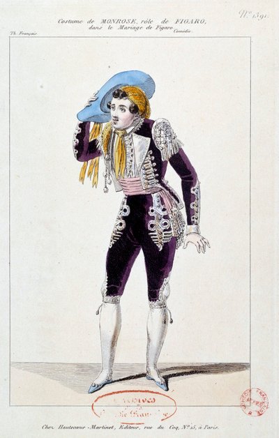 अभिनेता क्लाउड लुई सेराफिन बारिज़ैन (या बारिसैन) ने मोनरोज़ (1783-1843) को ले मारिएज डे फिगारो में फिगारो की भूमिका में "" पियरे ऑगस्टिन कैरन डी ब्यूमर्चैस (1732-1799) 1784 पेरिस, कॉमेडी फ़्रैंकाइज़ द्वारा द्वारा फ्रेंच स्कूल