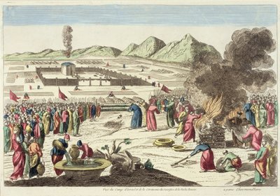 इस्राएलियों का शिविर और लाल गाय की बलि (रंग उत्कीर्णन) द्वारा फ्रेंच स्कूल