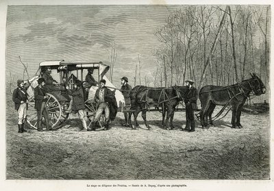 1873 में एच. डी लैमोटे द्वारा कनाडा और उत्तरी लाल नदी के भ्रमण की कहानी को चित्रित करने के लिए, ए.डुपुइस द्वारा चित्रित, प्रैरीज़ के घोड़े पर पाठ्यक्रम या परिश्रम। ले टूर डू मोंडे में उत्कीर्णन द्वारा फ्रेंच स्कूल