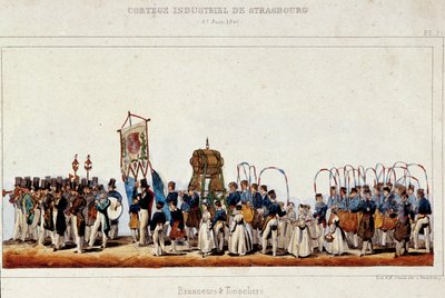 25/06/1840 को स्ट्रासबर्ग में औद्योगिक मंडली के दौरान शराब बनाने वालों और कूपरों का नृत्य। साइमन का लिथोग्राफ द्वारा फ्रेंच स्कूल