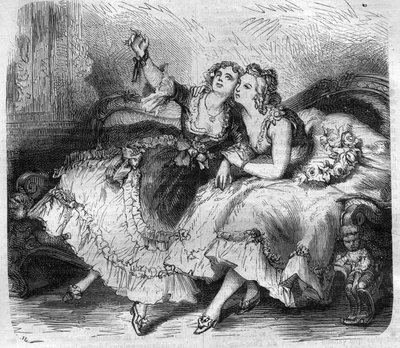 फ्रांस के राजा लुई XV dit le Bien-Aime (Bien Aime) (1710-1774) के "हरम" की बेटियां। मौरिस लाचत्रे द्वारा "हिस्टोइरे डेस पेप्स-रोइस-क्वीन एंड एम्पीयरर्स थ्रू द सेंचुरी" में उत्कीर्णन द्वारा फ्रेंच स्कूल