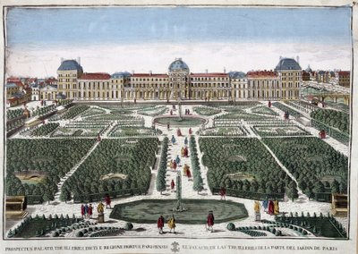 Tuileries के उद्यान और महल - उत्कीर्णन द्वारा फ्रेंच स्कूल