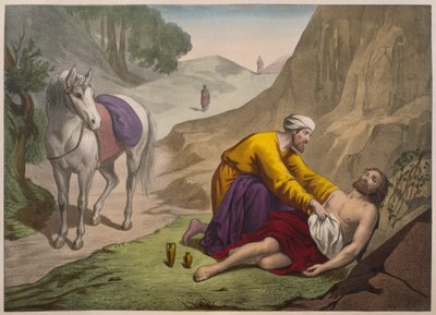 द गुड समैरिटन, कैटेचिज़्म लेहिस्टोयर सैंटे का चित्रण, चार्ल्स डेलाग्रवे, पेरिस द्वारा 19 वीं सदी के अंत में प्रकाशित द्वारा फ्रेंच स्कूल