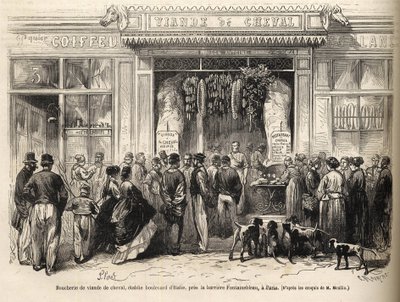 बैरियर डे फॉनटेनब्लियू (पेरिस) में घोड़े कसाई की दुकान 1866 में खोली गई - कसाई चेवलिन - बाउचरी मीट डे शेवाल बुलेवार्ड इटली, बैरियर डे फॉनटेनब्लियू के पास 1866) "ले मोंडे इलस्ट्रियस" डी 1866 में उत्कीर्णन द्वारा फ्रेंच स्कूल