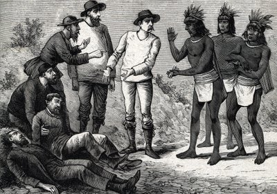पेरू के निवासी सिनकोना (उत्कीर्णन) 1888 . के साथ मलेरिया से पीड़ित औपनिवेशिक यूरोपीय लोगों की मदद करते हैं द्वारा फ्रेंच स्कूल