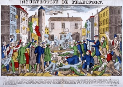 3 अप्रैल 1833 को फ्रैंकफर्ट का विद्रोह, जर्मन परिसंघ की राजधानी। एपिनल की तस्वीर द्वारा फ्रेंच स्कूल