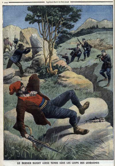 अंतिम कोर्सीकन दस्यु लिंगर्मों के प्रहार के अंतर्गत आता है: 5 दिसंबर 1909 का "ले पेटिट जर्नल" (उत्कीर्णन) द्वारा फ्रेंच स्कूल