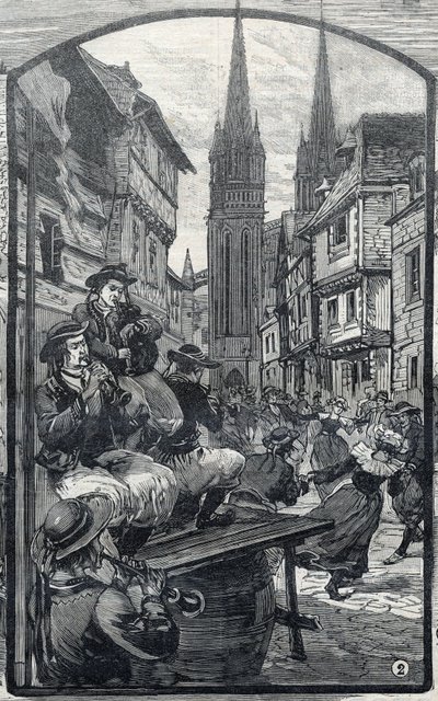 Quimper (Finistere, Brittany) में Biniou के खिलाड़ी। "ले पेटिट पेरिसियन" में द्वारा फ्रेंच स्कूल