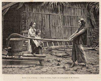 गोकोंग में एक किसान के घर के सामने, 1872 में डॉक्टर मोरिस द्वारा रॉबिन द्वारा कोचीन की यात्रा का चित्रण करते हुए एक चित्र के बाद उत्कीर्णन, एडौर्ड चार्टन द्वारा संपादित "" ले टूर डू मोंडे "" 1875 में प्रकाशित हुआ। हैचेट संस्करण, पेरिस।  द्वारा फ्रेंच स्कूल