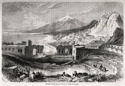 ताओरमिना (टौरोमेनियम) के प्राचीन रंगमंच के खंडहर, माउंट टॉरस के तल पर, जिआर्डिनी और एटना के आधुनिक गांव को देखकर, फेलिक्स को चित्रित करने के लिए एडॉल्फे राउरग्यू (1810-187?) और एमिल रूआर्ग्यू (सीए 1795-1865) द्वारा चित्रित Bourquelot की पत्रिकाएँ द्वारा फ्रेंच स्कूल