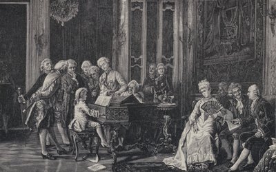 लन्दन में किंग जॉर्ज III, 1764 से पहले सात वर्षीय वोल्फगैंग अमेडस मोजार्ट खेल रहे थे द्वारा फ्रेंच स्कूल