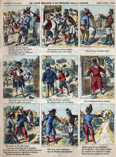 बीमार शेर और लोमड़ी। जीन डे ला फोंटेन द्वारा दंतकथाएं (1621-95)। 19वीं सदी के अंत से एपिनल इमेजिंग। द्वारा फ्रेंच स्कूल