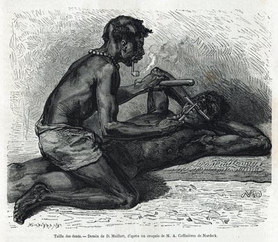 1875-1877 में अल्फ्रेड मार्चे द्वारा गैबॉन और ओगौ नदी की यात्रा की कहानी को चित्रित करने के लिए ओकांडा में दांतों का आकार, डी। माइलर्ड द्वारा चित्रित। ले टूर डू मोंडे में उत्कीर्णन द्वारा फ्रेंच स्कूल