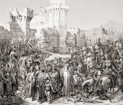 स्ट्रासबर्ग c.1860 (उत्कीर्णन) में प्रकाशित L'Histoire Universale Ancienne et Moderne से, तीसरे धर्मयुद्ध के दौरान, फिलिप ऑगस्टस नामक फ्रांस के फिलिप द्वितीय को एकर का आत्मसमर्पण (उत्कीर्णन) द्वारा फ्रेंच स्कूल