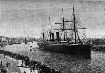 1887 में ले हावरे के बंदरगाह में ट्रान्साटलांटिक लाइनर "" ला गास्कोगने ""। शानदार पत्रिका "" ला जेनेसे "" में उत्कीर्णन द्वारा फ्रेंच स्कूल