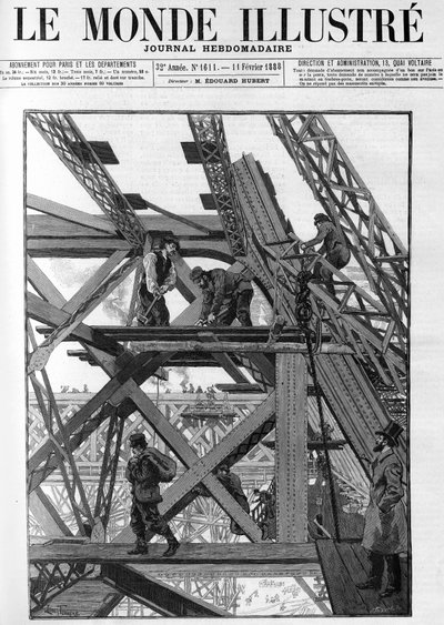 1889 की विश्व प्रदर्शनी के लिए एफिल टॉवर का काम, श्रमिक जमीन से पचास मीटर ऊपर हैं। 1888 के "द इलस्ट्रियस वर्ल्ड" में। द्वारा फ्रेंच स्कूल