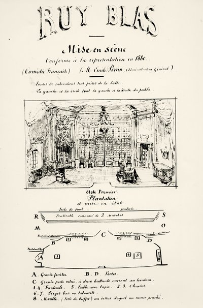 विक्टर ह्यूगो (1802-85), 1880 द्वारा रूय ब्लास (1838) के अधिनियम I के लिए थिएटर कार्यक्रम द्वारा फ्रेंच स्कूल