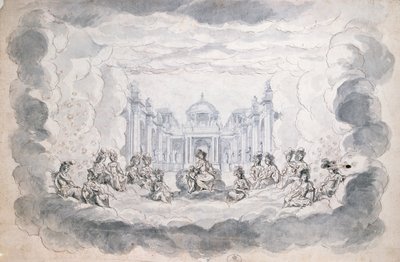 रंगमंच का दृश्य, 17 वीं शताब्दी के अंत में (कलम और स्याही और कागज पर wc) द्वारा फ्रेंच स्कूल