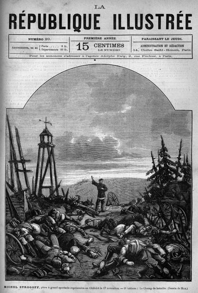 नाट्य प्रतिनिधित्व: जूल्स वर्ने (1828-1905) और एडोल्फ डी'नेरी (डेनेरी) (1811-1899) द्वारा "" मिशेल स्ट्रोगॉफ ""। पेरिस, थिएटर डु चैटलेट। एक अखबार। 1880 से "ला रिपब्लिक इलस्ट्री" निजी संग्रह में उत्कीर्णन। द्वारा फ्रेंच स्कूल