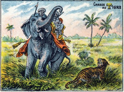 हाथी की पीठ पर बाघ के शिकार का दृश्य। शिकार का अक्षर अक्षर एपिनाल का इमेजिंग द्वारा फ्रेंच स्कूल