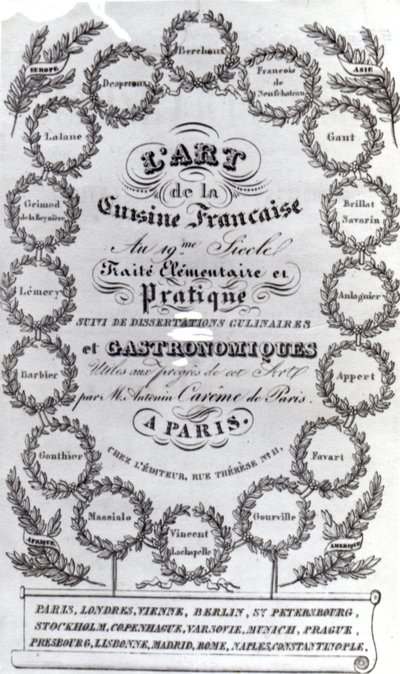 LArt de la भोजन Francaise vol के लिए शीर्षक पृष्ठ। एंटोनिन केरेम द्वारा III, 1834 (मुद्रित पत्र) प्रकाशित द्वारा फ्रेंच स्कूल
