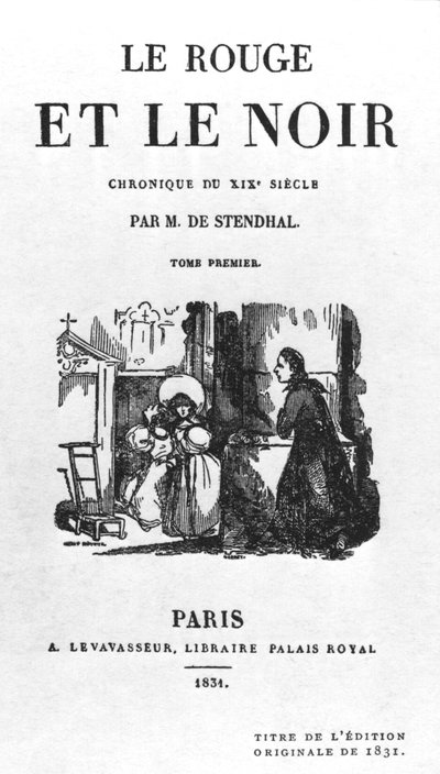 1831 में प्रकाशित स्टेंडल (1783-1842) द्वारा द रेड एंड ब्लैक के पहले संस्करण का शीर्षक द्वारा फ्रेंच स्कूल
