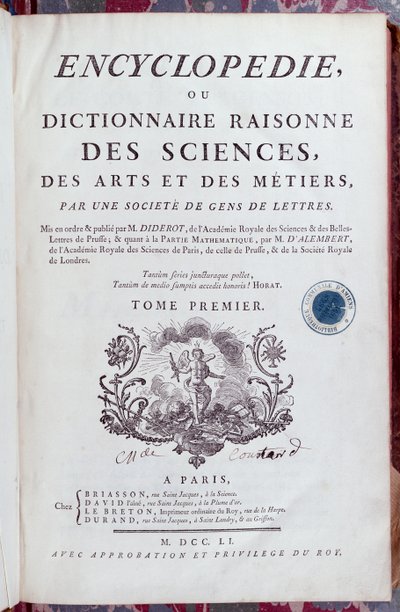 1751 में पेरिस में प्रकाशित डेनिस डाइडेरॉट (1713-84) द्वारा एनसाइक्लोपीडिया का शीर्षक पृष्ठ (यह भी देखें 15777) द्वारा फ्रेंच स्कूल
