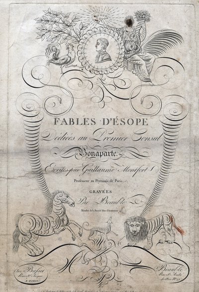"Fables d'Esope" का शीर्षक पृष्ठ। (ग्रीक लेखक एसोपो या इकोपस, छठी शताब्दी ईसा पूर्व) 1801 में ब्यूबल द्वारा गुइल्यूम मोंटफोर्ट और ग्रेव्स द्वारा लिखित पहले कॉन्सल बोनापार्ट को समर्पित है। द्वारा फ्रेंच स्कूल
