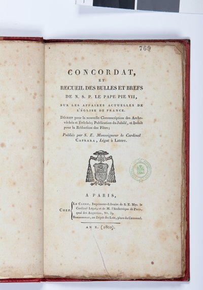 जियोवानी बतिस्ता कैप्रारा, पेरिस, चेज़ ले क्लर्स, 1802 (मुद्रित पत्र) द्वारा प्रकाशित एनएसपी पोप पायस VII के बुल्स और स्पॉट्स के कॉनकॉर्ड और संग्रह का शीर्षक पृष्ठ द्वारा फ्रेंच स्कूल