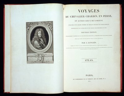 1811 में फारस में नाइट चार्जिन की ट्रेवल्स से टाइटलपेज और फ्रंटस्पाईज पोर्ट्रेट द्वारा फ्रेंच स्कूल