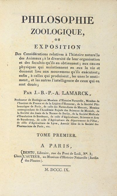 पेरिस, 1809 में प्रकाशित जीन-बैप्टिस्ट लैमार्क द्वारा "फिलॉसफी ज़ूलॉगिक" का शीर्षक द्वारा फ्रेंच स्कूल
