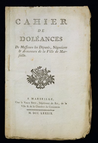 मार्सिले, 1789 के डिपुओं, व्यापारियों और शिपयार्ड की शिकायतों की पुस्तक का शीर्षक पृष्ठ द्वारा फ्रेंच स्कूल