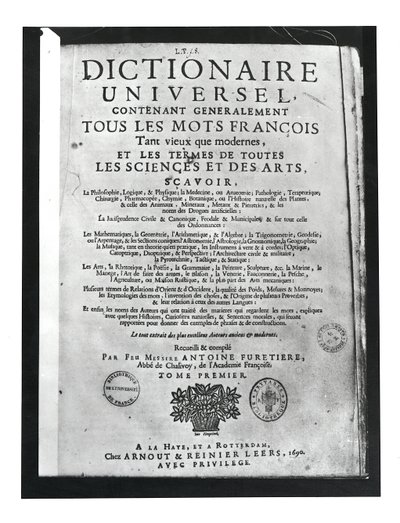 एंटोनी फुरेटियरे (1619-88) 1690 (प्रिंट) द्वारा डिक्शनायर यूनिवर्सिटी का शीर्षक पृष्ठ द्वारा फ्रेंच स्कूल