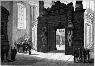 नेपोलियन I (1769-1821) की राख को सेंट जेरोम के चैपल से इनवैलिड्स के गुंबद के नीचे बने मकबरे में स्थानांतरित करना। पेरिस, २ अप्रैल १८६१। १३ अप्रैल १८६१ को "" ले मोंडे इलस्ट्र्रे"" एन °209 में उत्कीर्णन। द्वारा फ्रेंच स्कूल