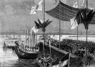 लुइस वाज़ डी कैमोस और वास्को डी गामा, पुर्तगाल की राख का अनुवाद, 9 जून 1880: बेलेम के बंदरगाह में कवि लुइस वाज़ डी कैमोस के अवशेष जिन्हें कैमोअन्स (1525-1580) और नाविक वास्को डी गामा के नाम से जाना जाता है। (१४५९-१५२४)। "" L . में उत्कीर्णन द्वारा फ्रेंच स्कूल