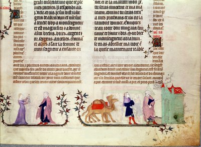 रेबेका की कहानी के दो दृश्य, द बाइबल ऑफ जीन डे सी से, c.1355 द्वारा फ्रेंच स्कूल