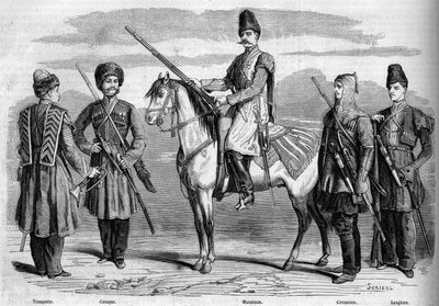 रूस के सम्राट के विशेष अनुरक्षण के प्रकार और वर्दी। बाएं से दाएं: तुरही, कोसैक, मुस्लिम, सर्कसियन और लेस्घियन। 17 मार्च 1860 के "" ले मोंडे इलस्ट्रे"" एन °153 में उत्कीर्णन। द्वारा फ्रेंच स्कूल