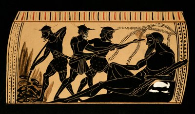Ulysses और उनके साथी Cyclops Polyphemus की नज़र से बाहर निकलते हुए, एक प्राचीन ग्रीक फूलदान, 1887 से चित्रण द्वारा फ्रेंच स्कूल