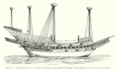 वेसल बेयरिंग, इसकी निचली बैटरी पर, एक फ्लेमिश शिलालेख, दिनांक 1523 के साथ, मैड्रिड के अर्मेरिया रियल में (उत्कीर्णन) द्वारा फ्रेंच स्कूल