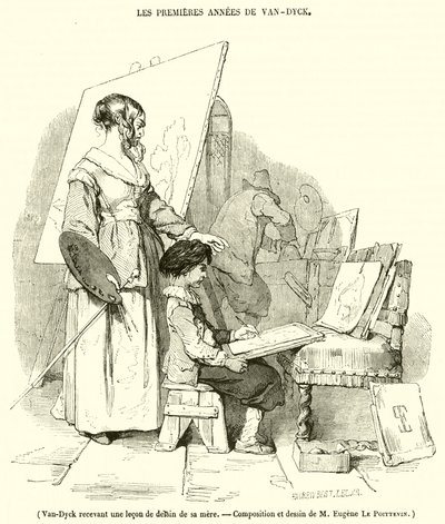 वैन-डिक अपनी मां से एक ड्राइंग सबक प्राप्त करते हुए (उत्कीर्णन) द्वारा फ्रेंच स्कूल